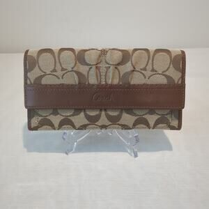 Coach Long Wallet Vintage Leather Signature Brown Beige Pleated Canvas Trifold